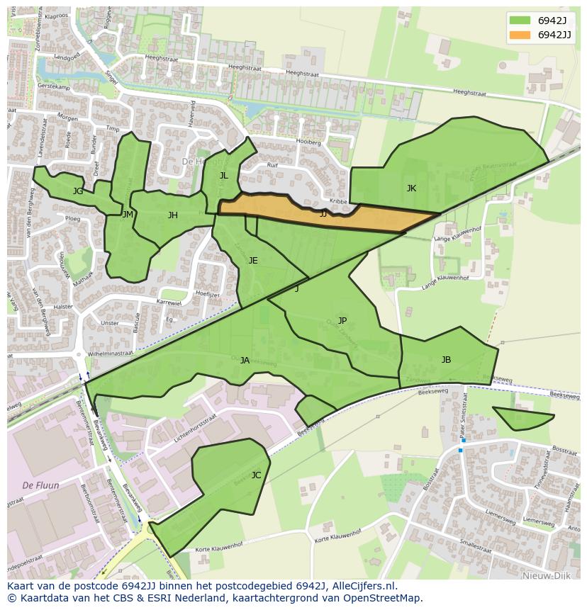 Afbeelding van het postcodegebied 6942 JJ op de kaart.