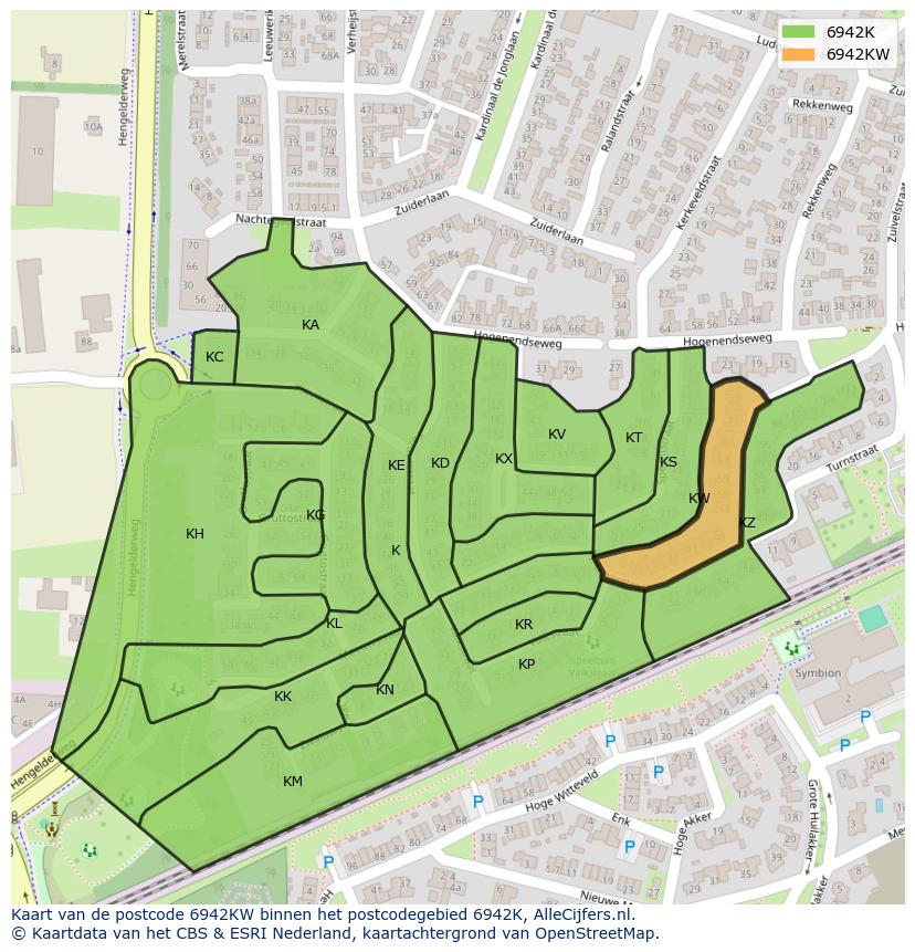 Afbeelding van het postcodegebied 6942 KW op de kaart.