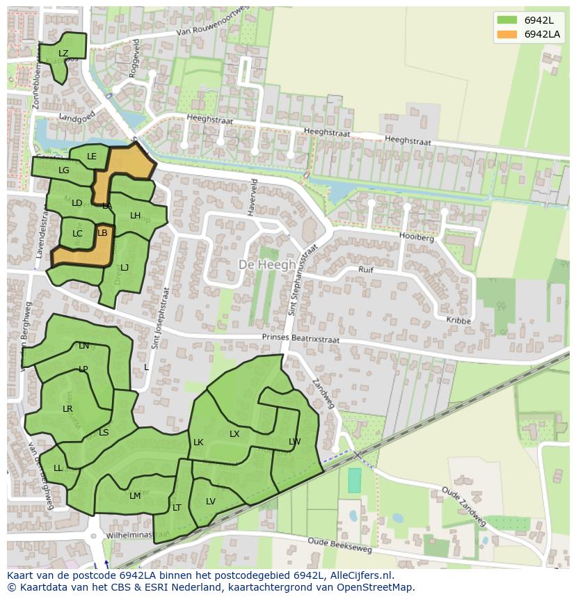 Afbeelding van het postcodegebied 6942 LA op de kaart.