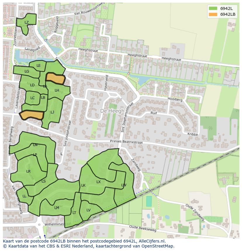 Afbeelding van het postcodegebied 6942 LB op de kaart.
