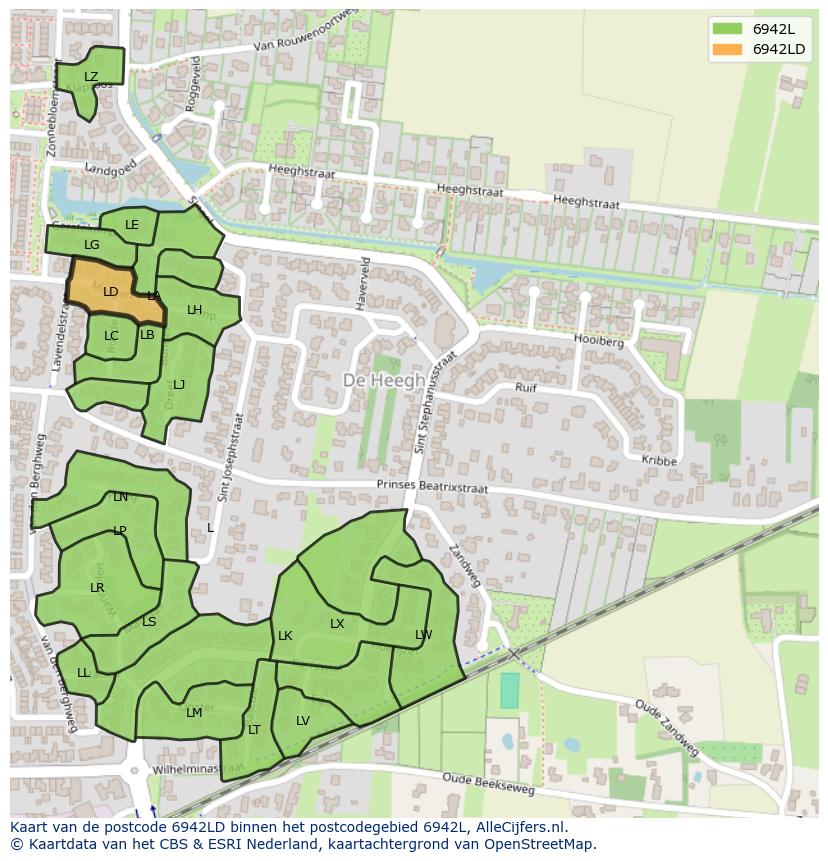 Afbeelding van het postcodegebied 6942 LD op de kaart.