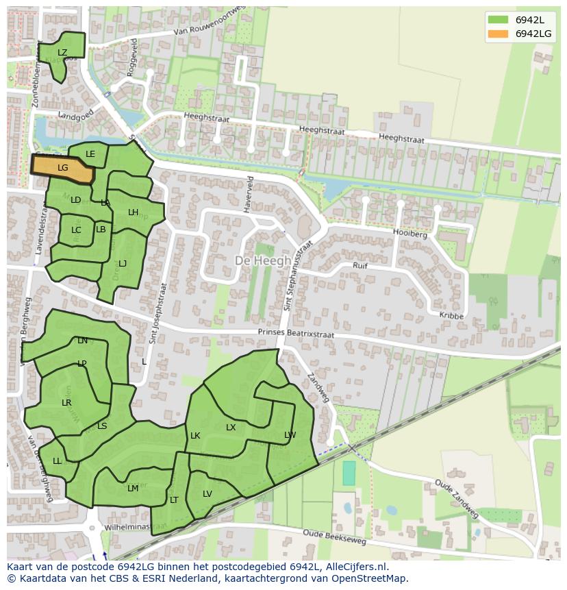 Afbeelding van het postcodegebied 6942 LG op de kaart.