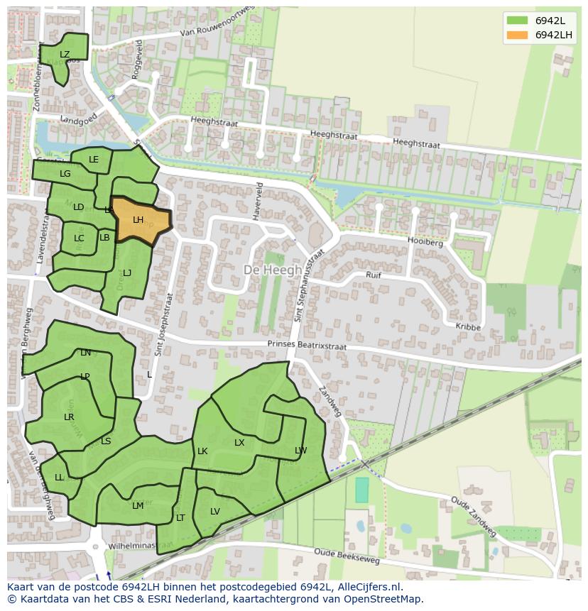 Afbeelding van het postcodegebied 6942 LH op de kaart.
