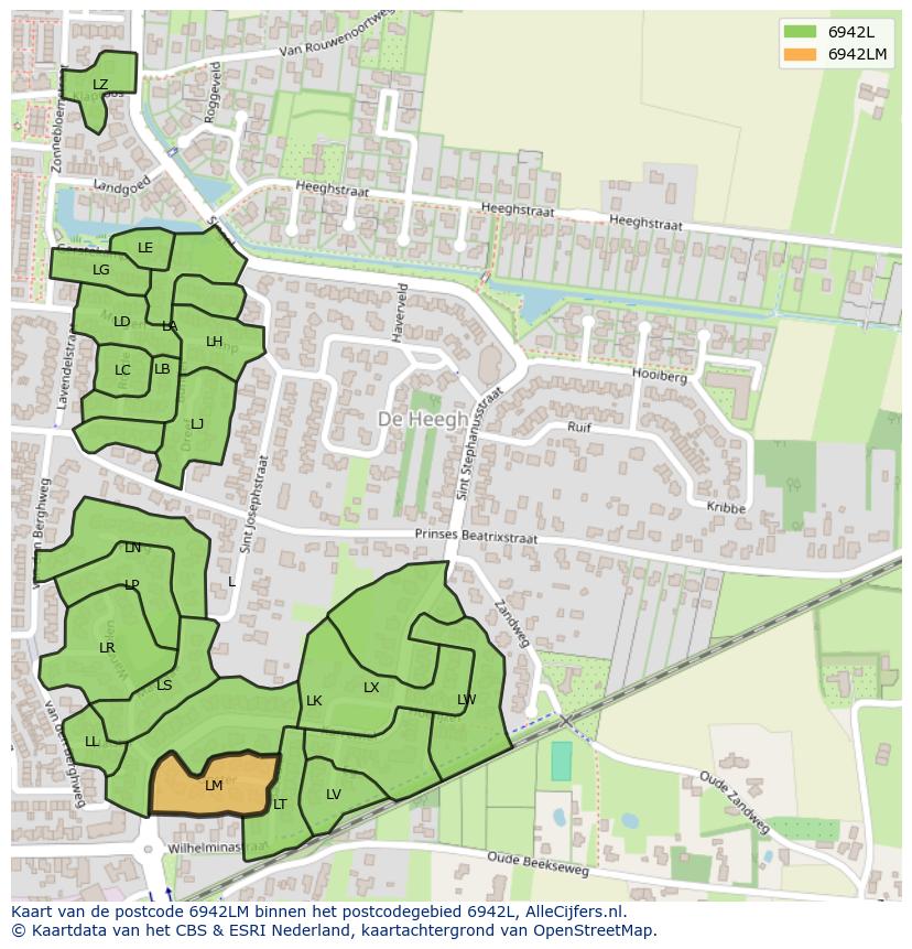 Afbeelding van het postcodegebied 6942 LM op de kaart.