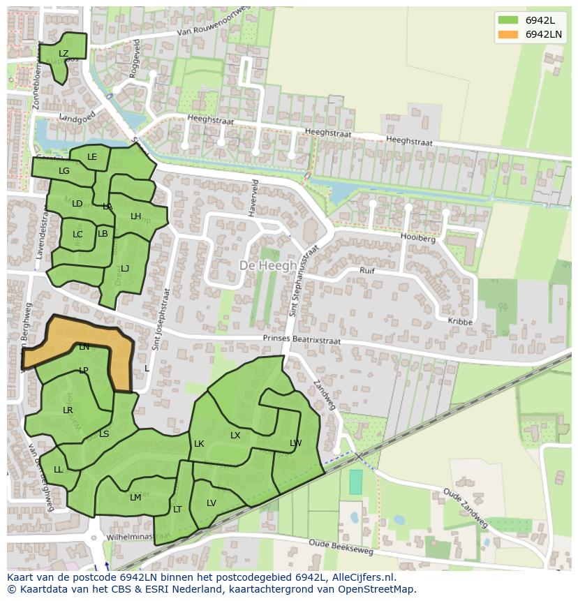 Afbeelding van het postcodegebied 6942 LN op de kaart.