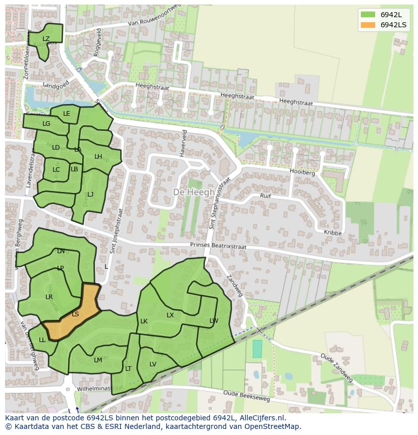 Afbeelding van het postcodegebied 6942 LS op de kaart.
