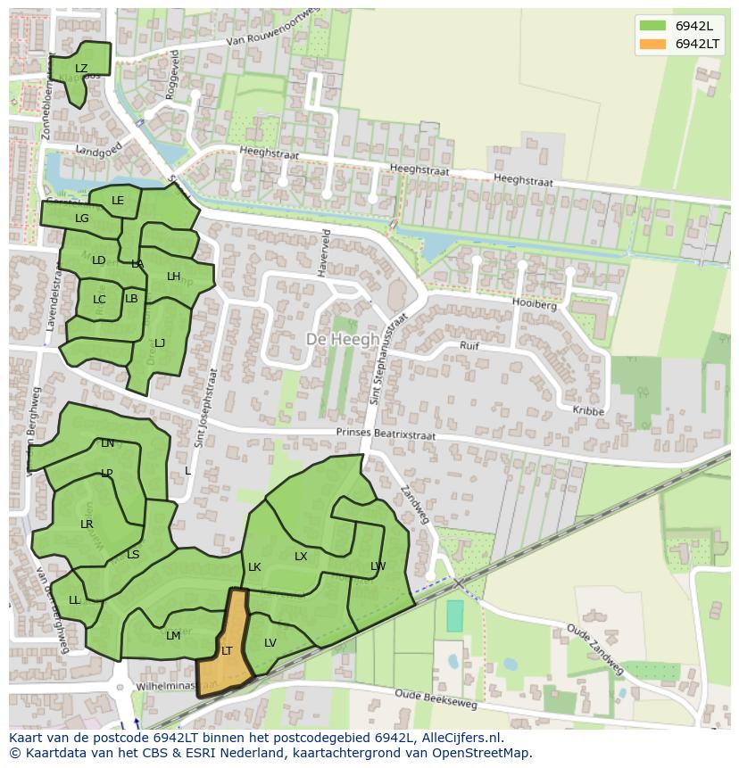 Afbeelding van het postcodegebied 6942 LT op de kaart.
