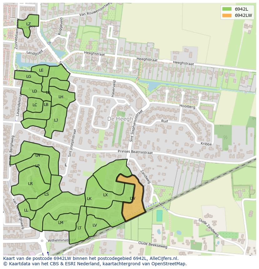 Afbeelding van het postcodegebied 6942 LW op de kaart.