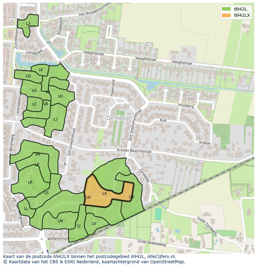 Afbeelding van het postcodegebied 6942 LX op de kaart.