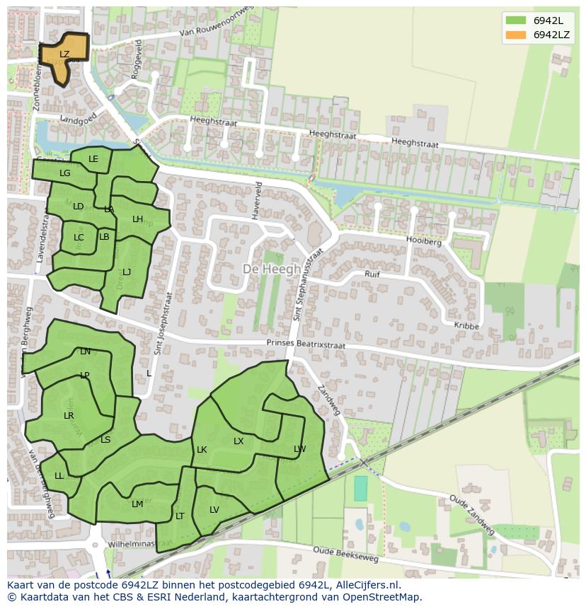 Afbeelding van het postcodegebied 6942 LZ op de kaart.