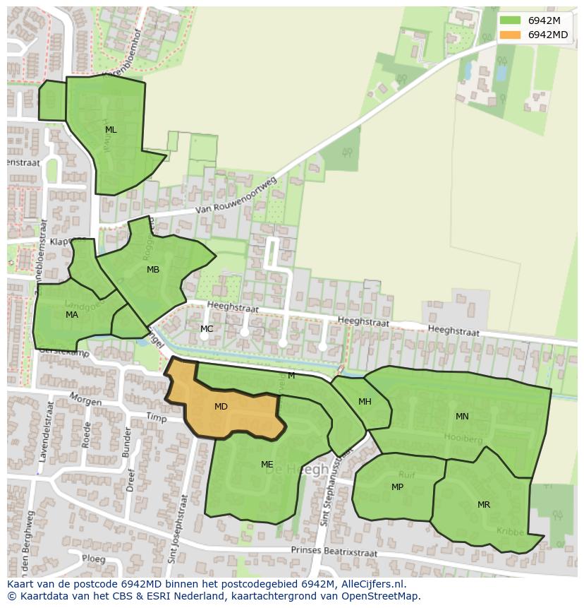 Afbeelding van het postcodegebied 6942 MD op de kaart.