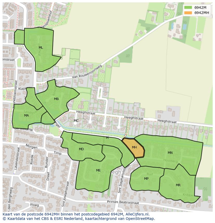 Afbeelding van het postcodegebied 6942 MH op de kaart.