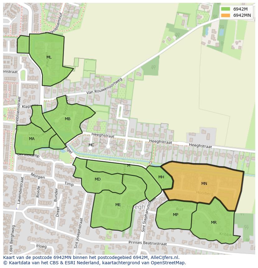 Afbeelding van het postcodegebied 6942 MN op de kaart.