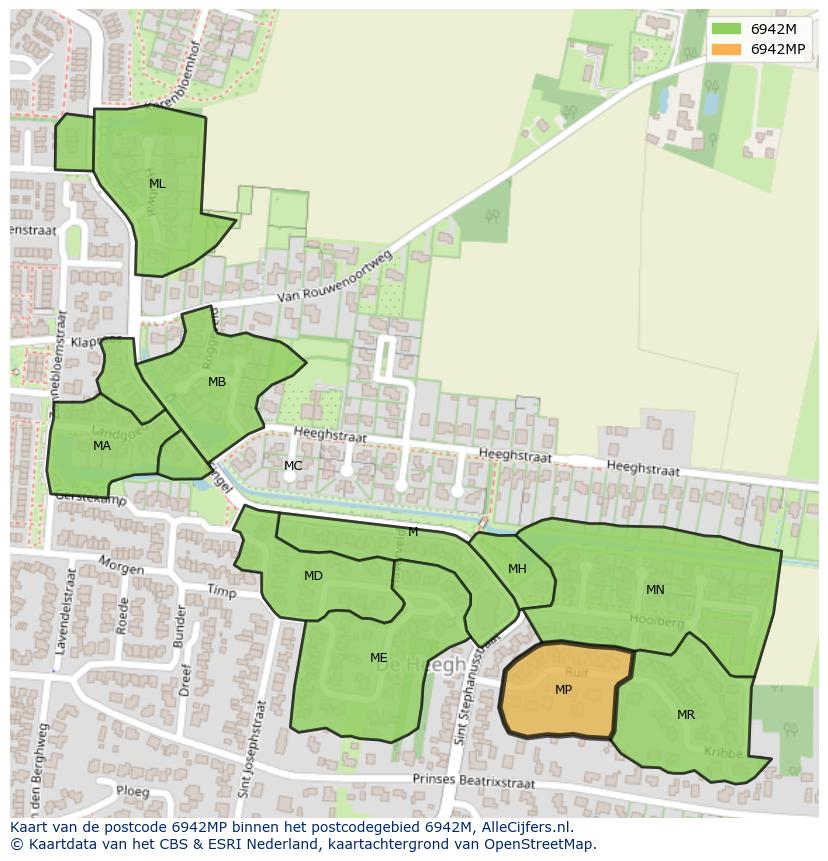 Afbeelding van het postcodegebied 6942 MP op de kaart.