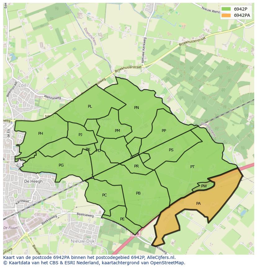 Afbeelding van het postcodegebied 6942 PA op de kaart.