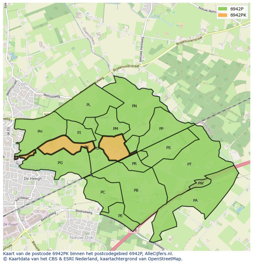 Afbeelding van het postcodegebied 6942 PK op de kaart.