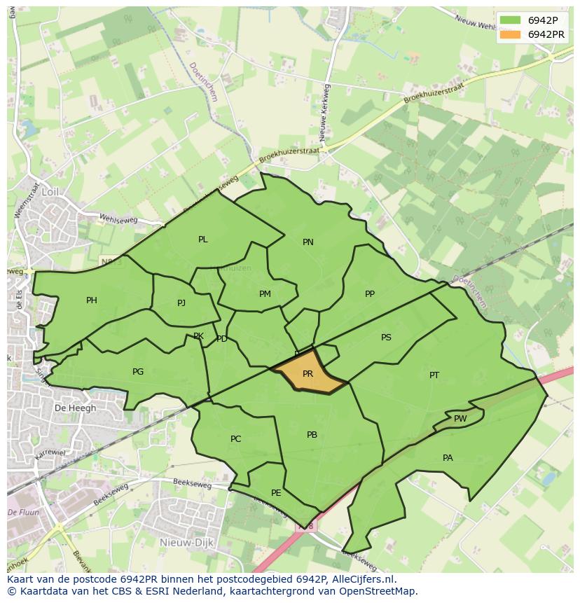Afbeelding van het postcodegebied 6942 PR op de kaart.