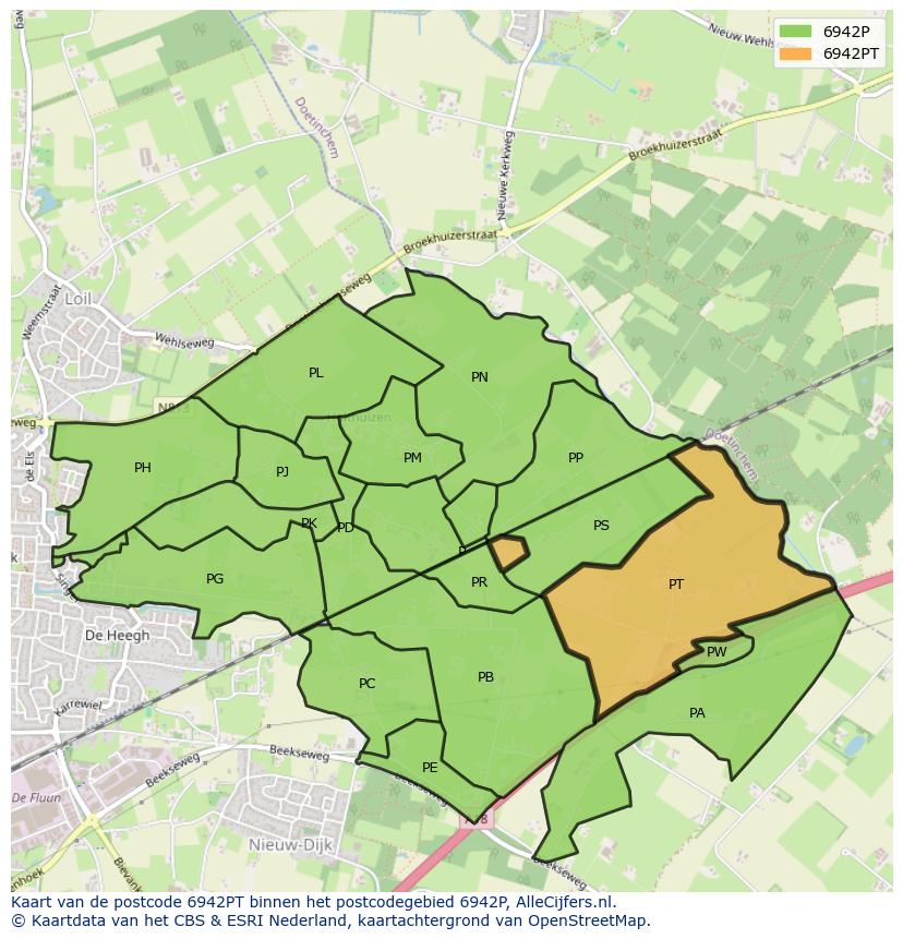 Afbeelding van het postcodegebied 6942 PT op de kaart.