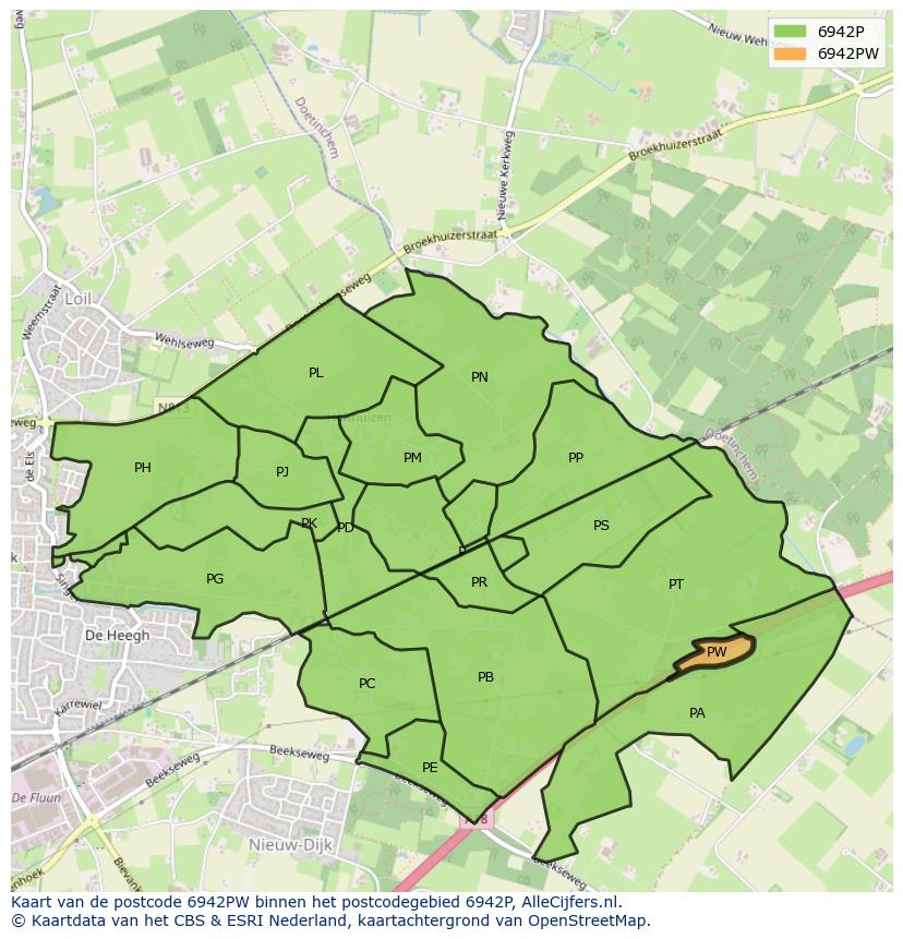 Afbeelding van het postcodegebied 6942 PW op de kaart.