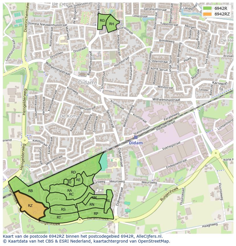 Afbeelding van het postcodegebied 6942 RZ op de kaart.