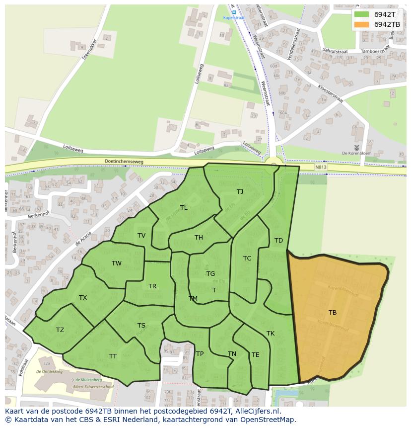 Afbeelding van het postcodegebied 6942 TB op de kaart.