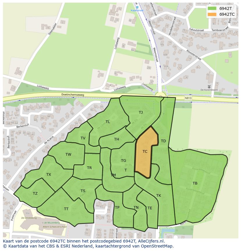 Afbeelding van het postcodegebied 6942 TC op de kaart.