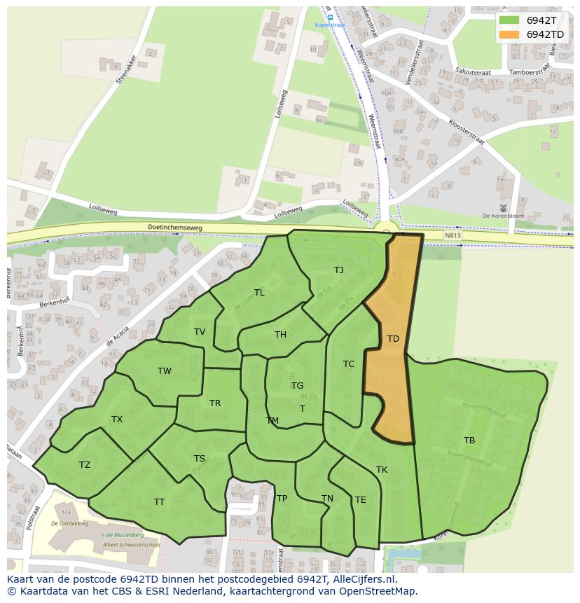 Afbeelding van het postcodegebied 6942 TD op de kaart.