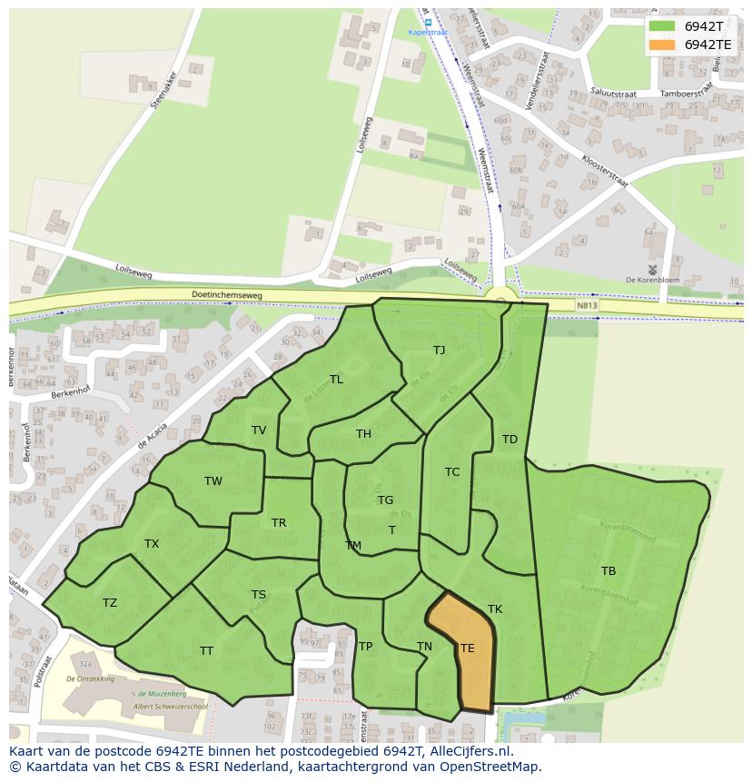 Afbeelding van het postcodegebied 6942 TE op de kaart.