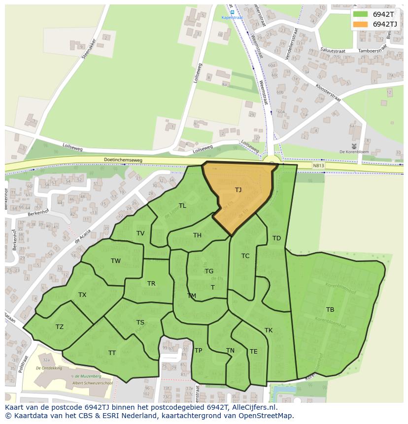 Afbeelding van het postcodegebied 6942 TJ op de kaart.