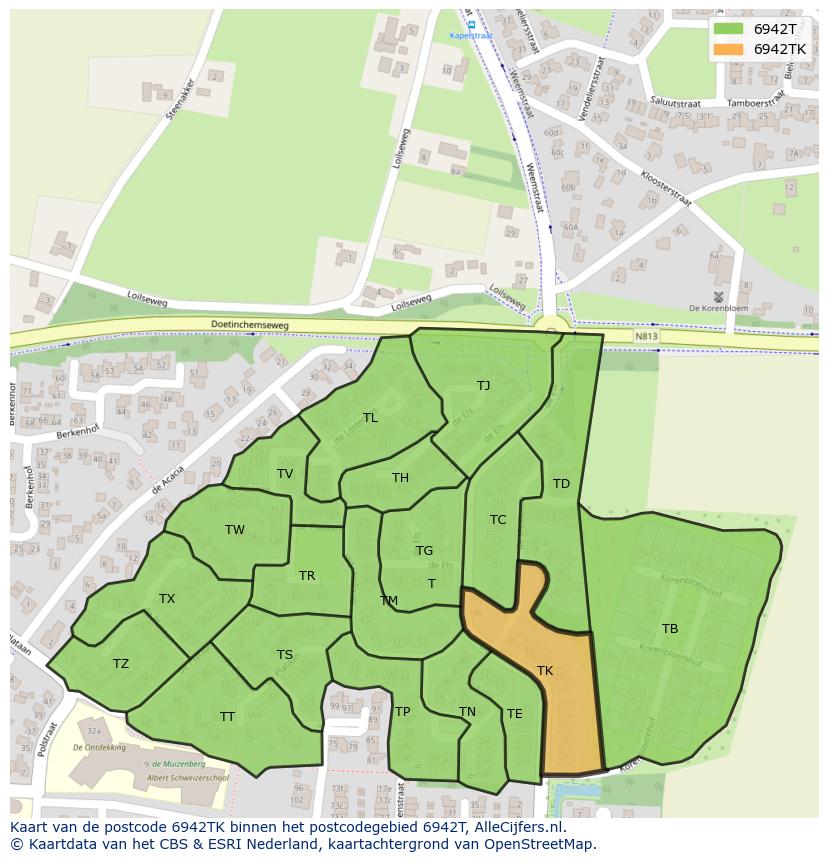 Afbeelding van het postcodegebied 6942 TK op de kaart.