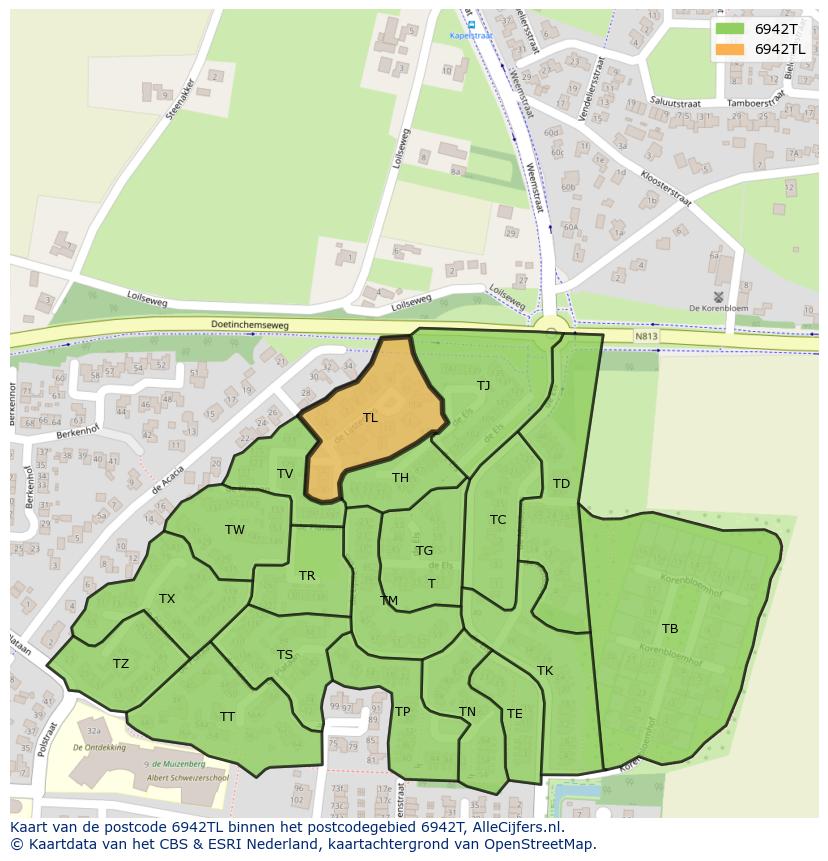 Afbeelding van het postcodegebied 6942 TL op de kaart.