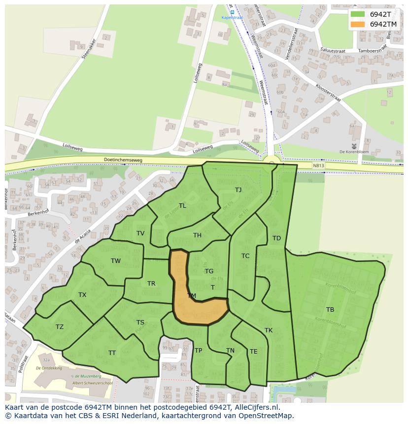 Afbeelding van het postcodegebied 6942 TM op de kaart.