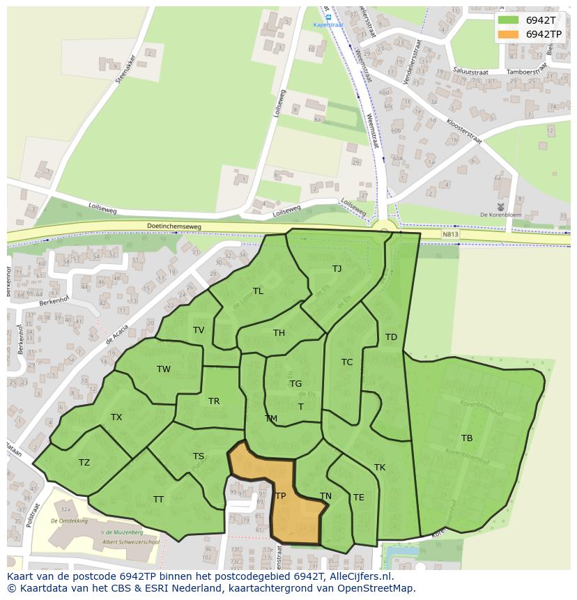 Afbeelding van het postcodegebied 6942 TP op de kaart.