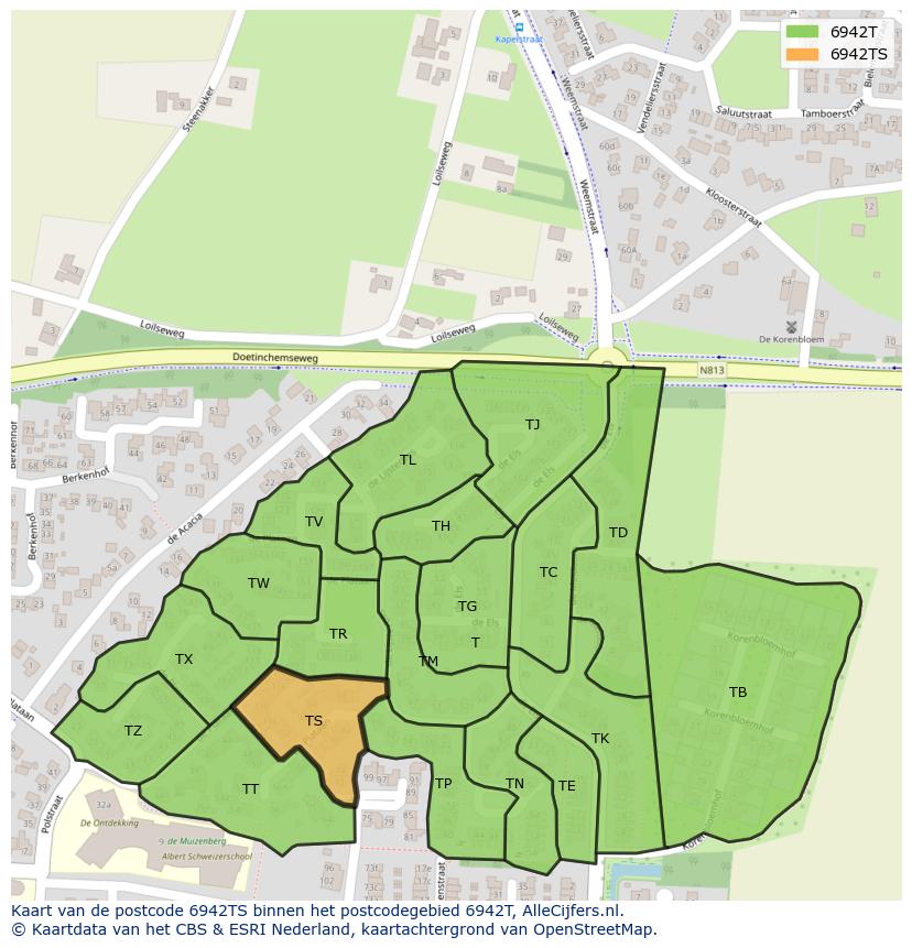 Afbeelding van het postcodegebied 6942 TS op de kaart.