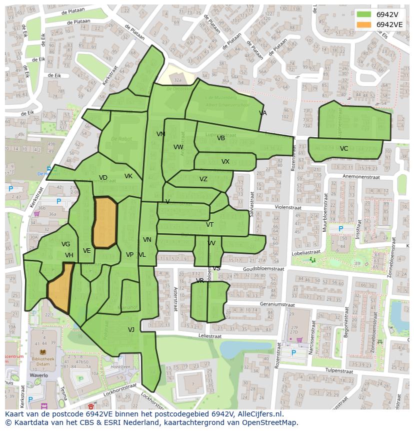 Afbeelding van het postcodegebied 6942 VE op de kaart.