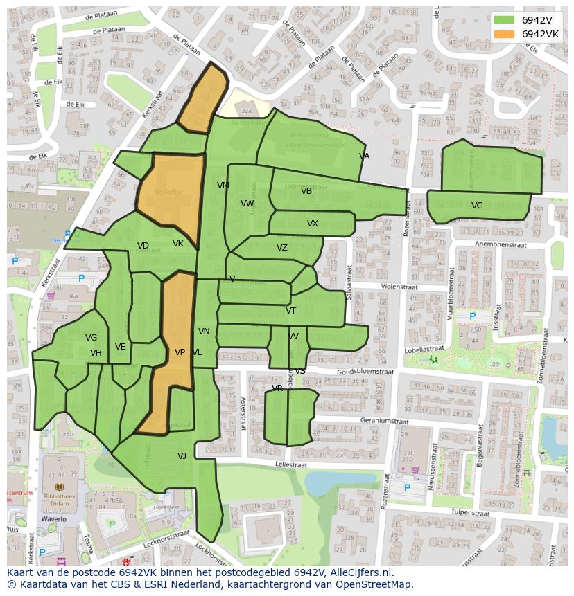 Afbeelding van het postcodegebied 6942 VK op de kaart.