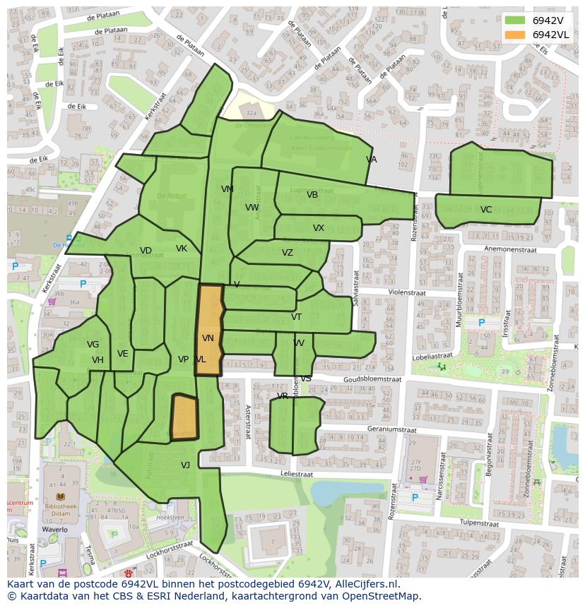 Afbeelding van het postcodegebied 6942 VL op de kaart.