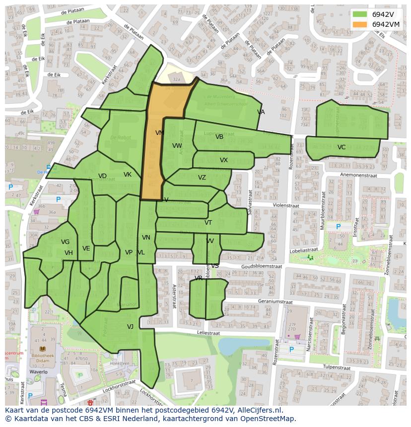 Afbeelding van het postcodegebied 6942 VM op de kaart.