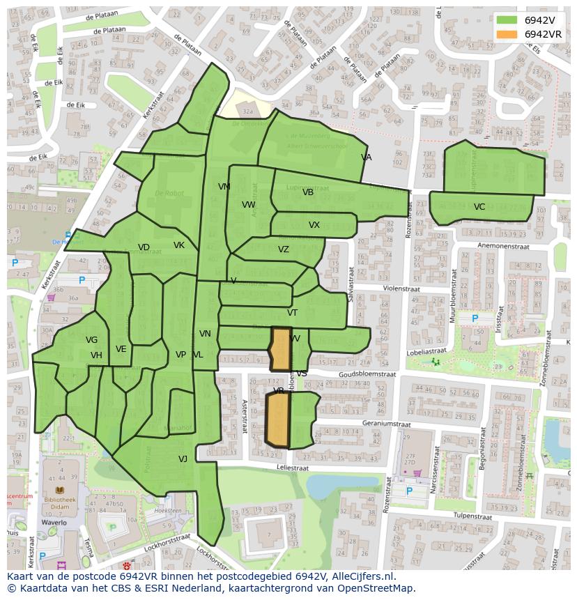 Afbeelding van het postcodegebied 6942 VR op de kaart.