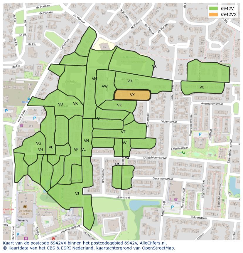 Afbeelding van het postcodegebied 6942 VX op de kaart.