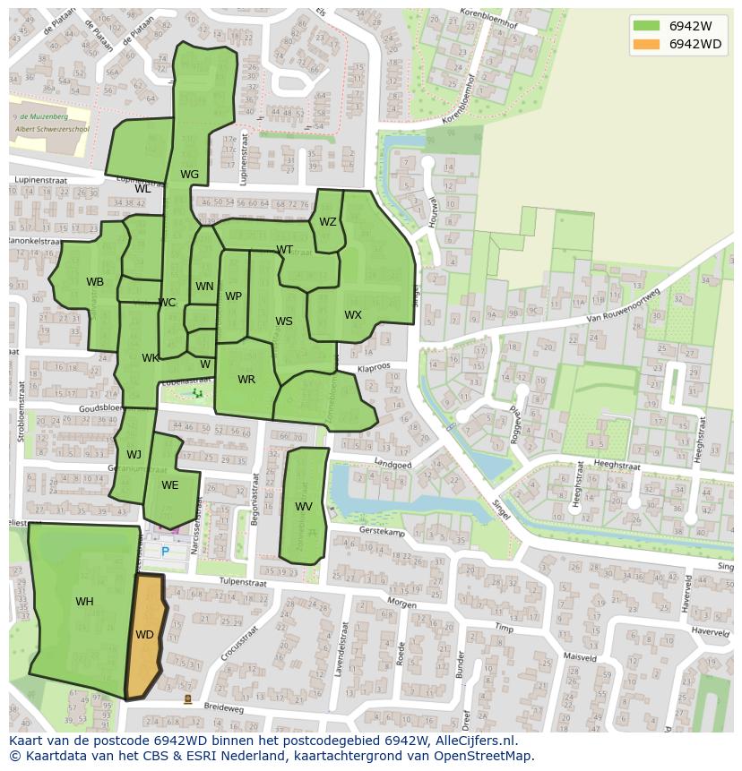 Afbeelding van het postcodegebied 6942 WD op de kaart.