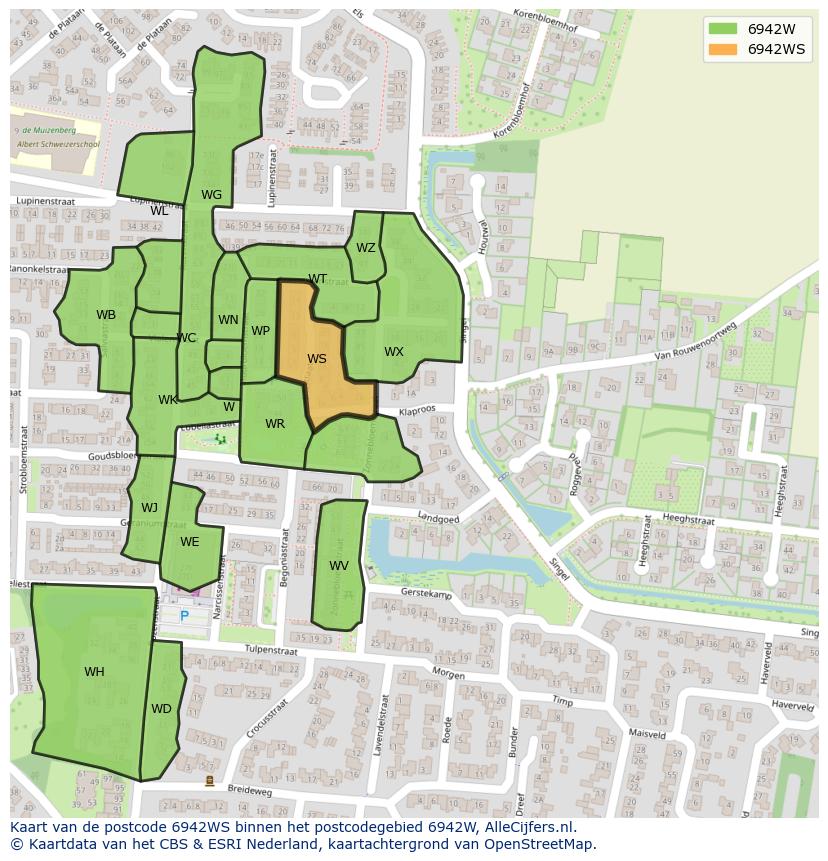 Afbeelding van het postcodegebied 6942 WS op de kaart.