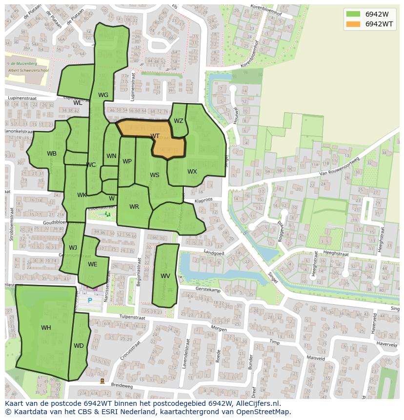Afbeelding van het postcodegebied 6942 WT op de kaart.