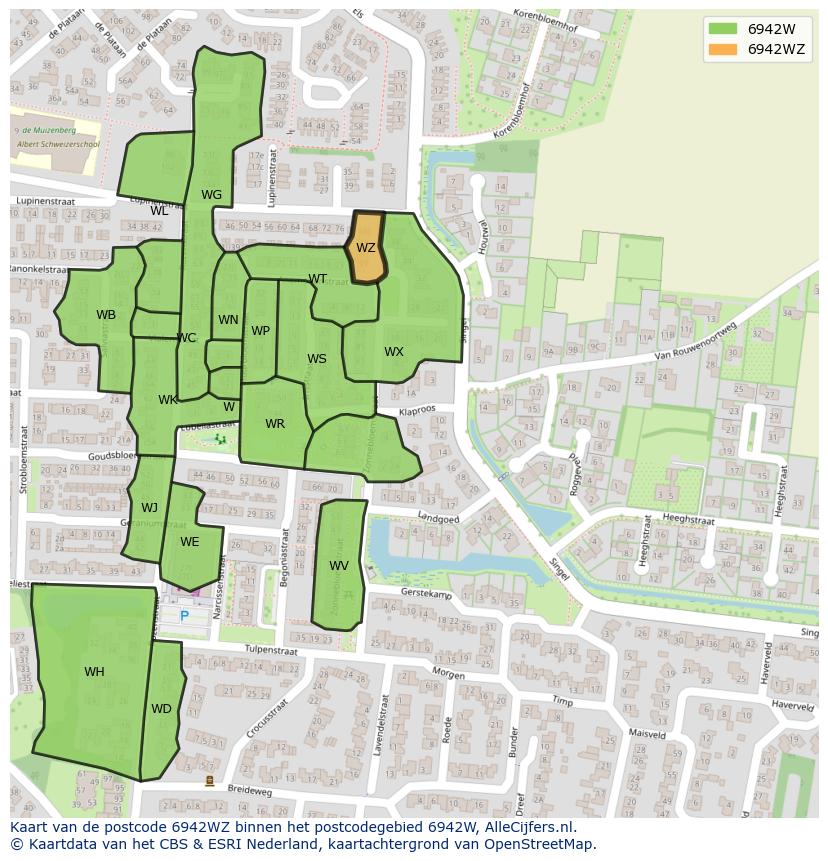 Afbeelding van het postcodegebied 6942 WZ op de kaart.