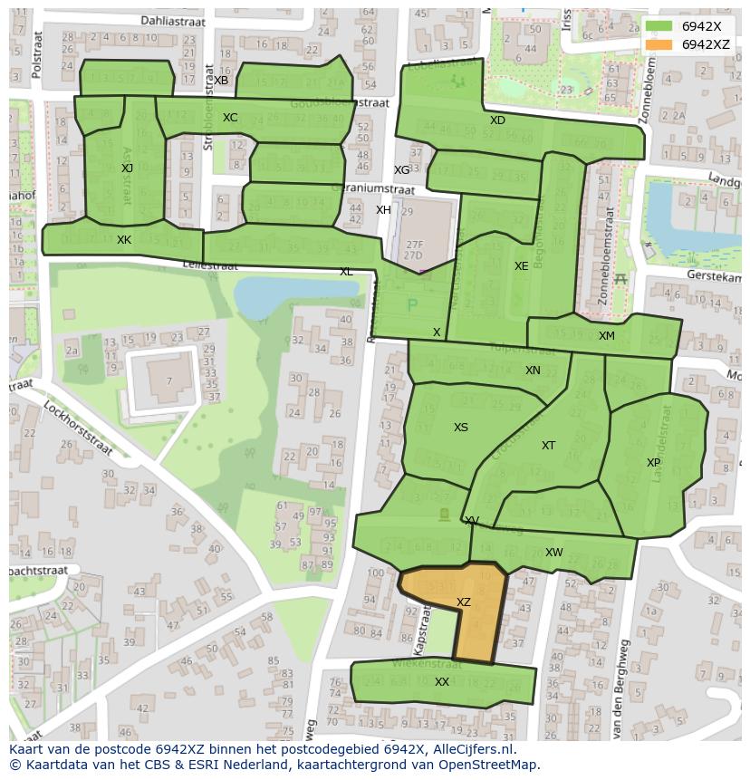 Afbeelding van het postcodegebied 6942 XZ op de kaart.