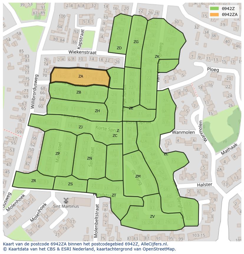 Afbeelding van het postcodegebied 6942 ZA op de kaart.
