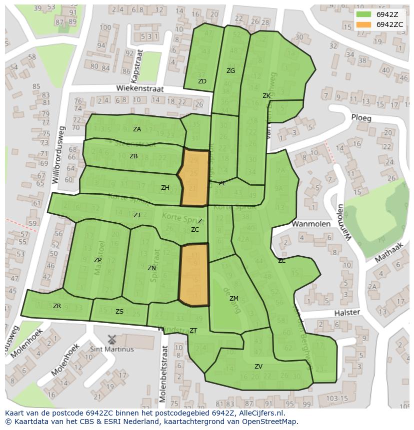 Afbeelding van het postcodegebied 6942 ZC op de kaart.