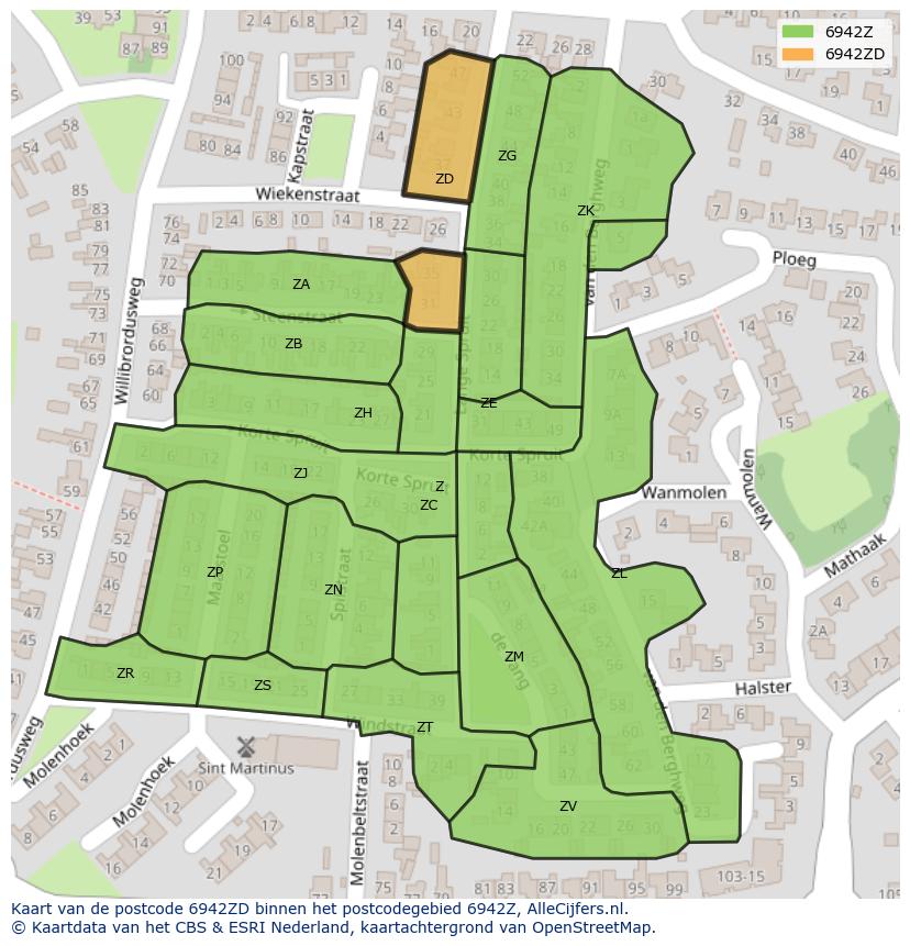 Afbeelding van het postcodegebied 6942 ZD op de kaart.