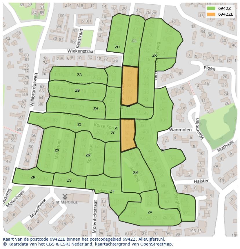 Afbeelding van het postcodegebied 6942 ZE op de kaart.