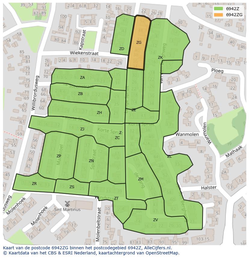 Afbeelding van het postcodegebied 6942 ZG op de kaart.